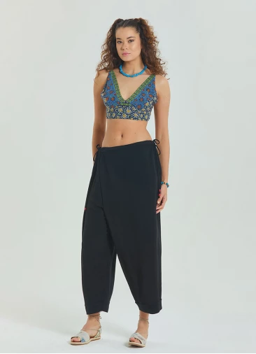 Rope Detailed Adjustable Waist Black Women's Viscose Trousers 4581